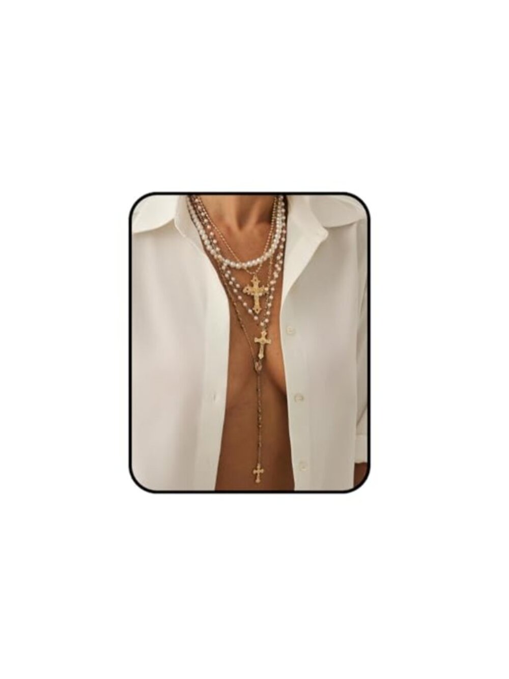 Layered Cross Necklace Set for Women – Vintage Gold Pearl Choker, Multi-Strand